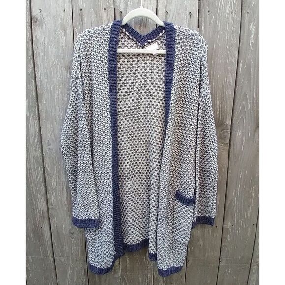 Caslon size L open front cardigan ribbon yarn blue white - Picture 2 of 11